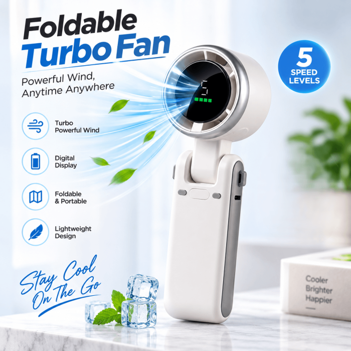 Portable Turbo Hand Fan – 1800mAh Battery, 5 Speed & Foldable Design