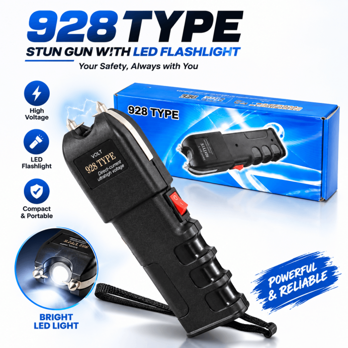 928 Stun Gun with Flashlight – Rechargeable High-Voltage Self-Defense Torch