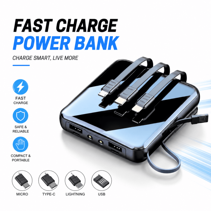 Smart 10000mAh Power Bank – Fast Charging with Built-in 4-in-1 Charging Cables