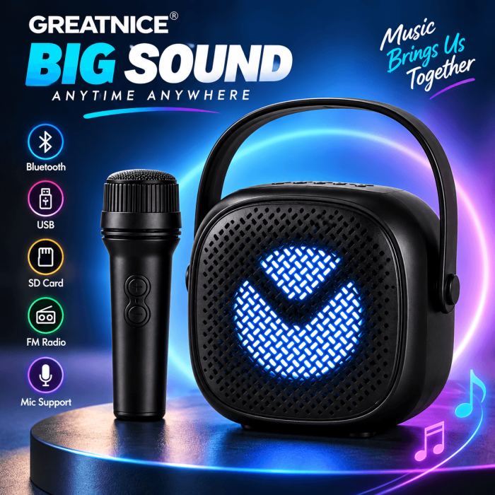 GREATNICE Bluetooth Speaker – জোরালো Sound, Mic, FM Radio, USB/SD Card & Karaoke