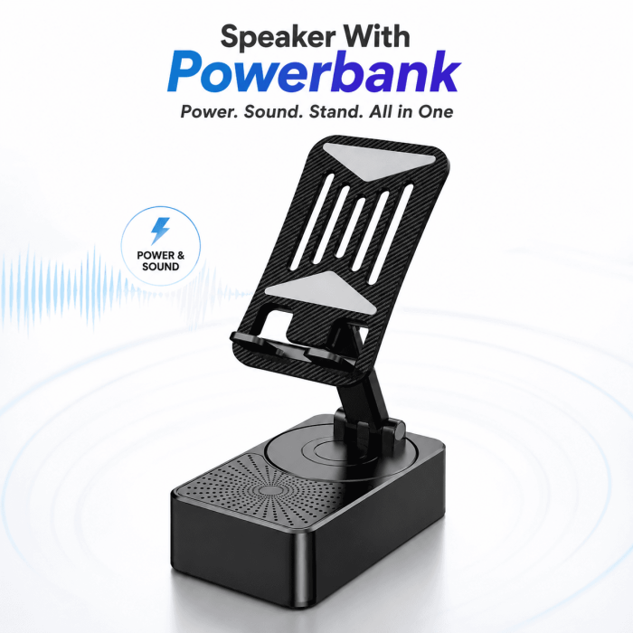 3-in-1 Foldable Mobile Stand – Bluetooth Speaker, Power Bank & Phone Holder