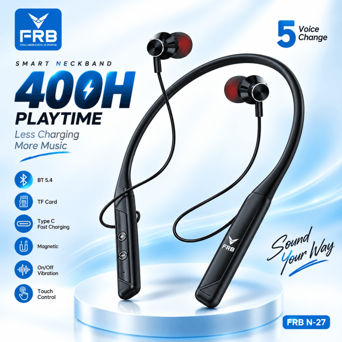 FRB N-27 Smart Wireless Neckband – Bluetooth 5.4, 400H Battery & Type-C Charging
