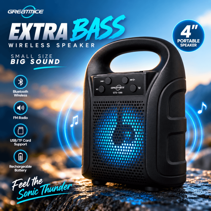 GREATNICE GTS-1386 পোর্টেবল Bluetooth Speaker – 4″ Powerful Sound, LED Light, FM Radio, USB/TF Card ও 500mAh Battery
