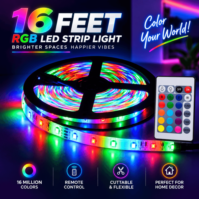 🌈 ১৬ ফিট RGB রিমোট কন্ট্রোল LED স্ট্রিপ লাইট – কালার চেঞ্জিং ফ্লেক্সিবল লাইট