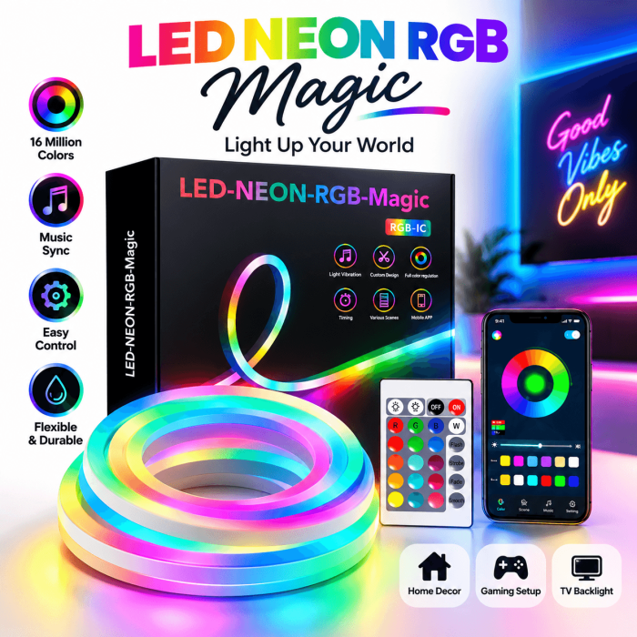 🌈 RGB LED Neon Strip Light – App & Remote Control