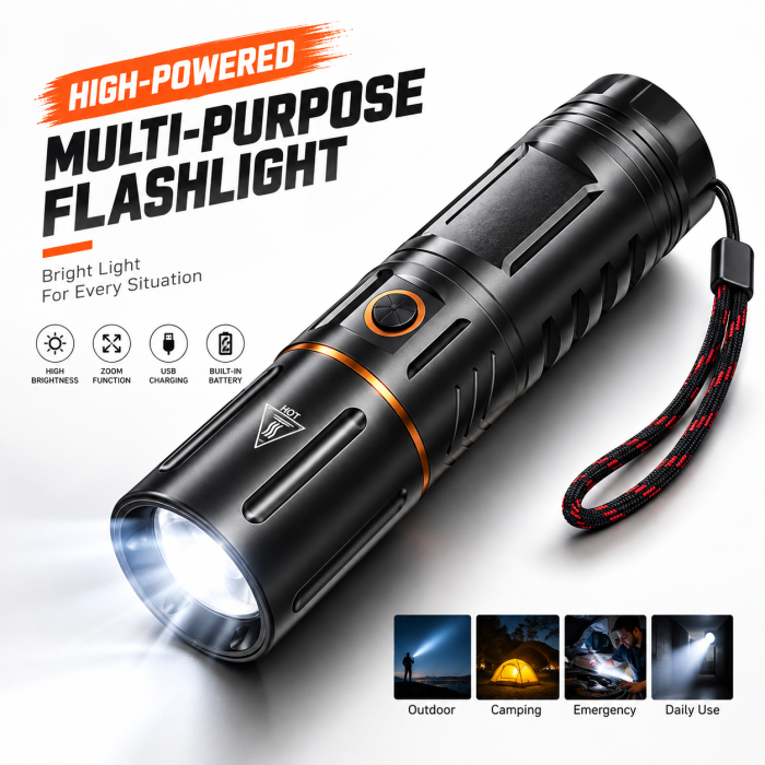 🔦 Rechargeable LED Flashlight – 4500mAh | Telescopic Zoom | Power Bank | Waterproof Metal Tactical Torch | Type-C Charging