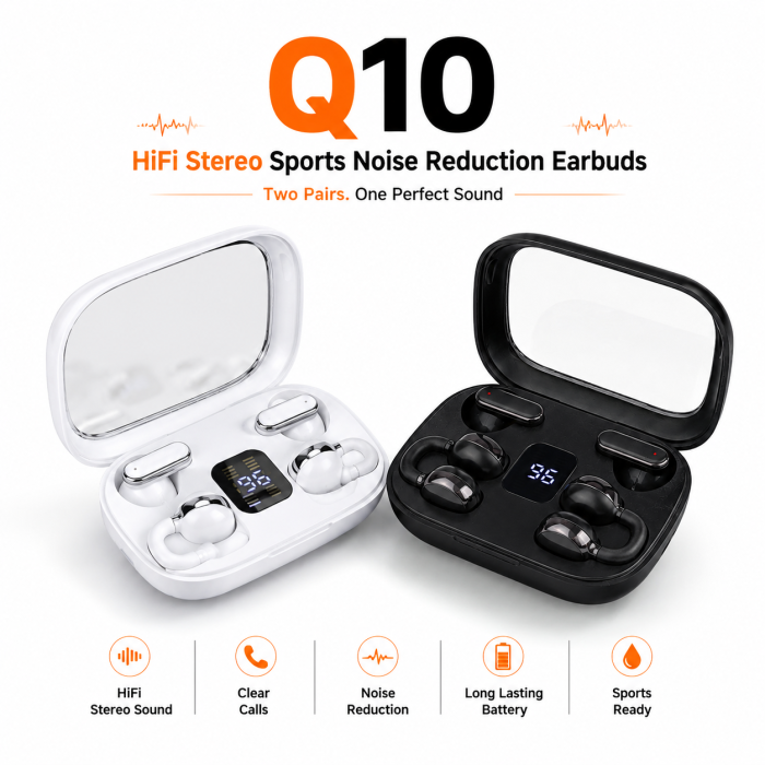🎧 Q10 প্রিমিয়াম HiFi Stereo স্পোর্টস ইয়ারবাড – ২ জোড়া ৪-ইন-১ কম্বো | In-Ear & Open-Ear ডিজাইন | Bluetooth 5.4 | LED ডিসপ্লে | IPX4 ওয়াটারপ্রুফ