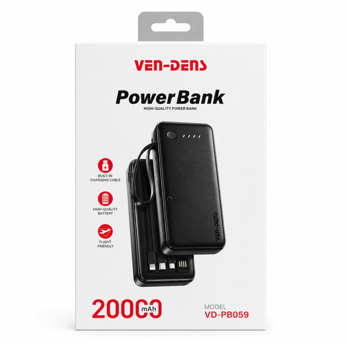 VEN-DENS 20000mAh পাওয়ার ব্যাংক – 3-in-1 Built-in Cable, LED Indicator 🔋⚡