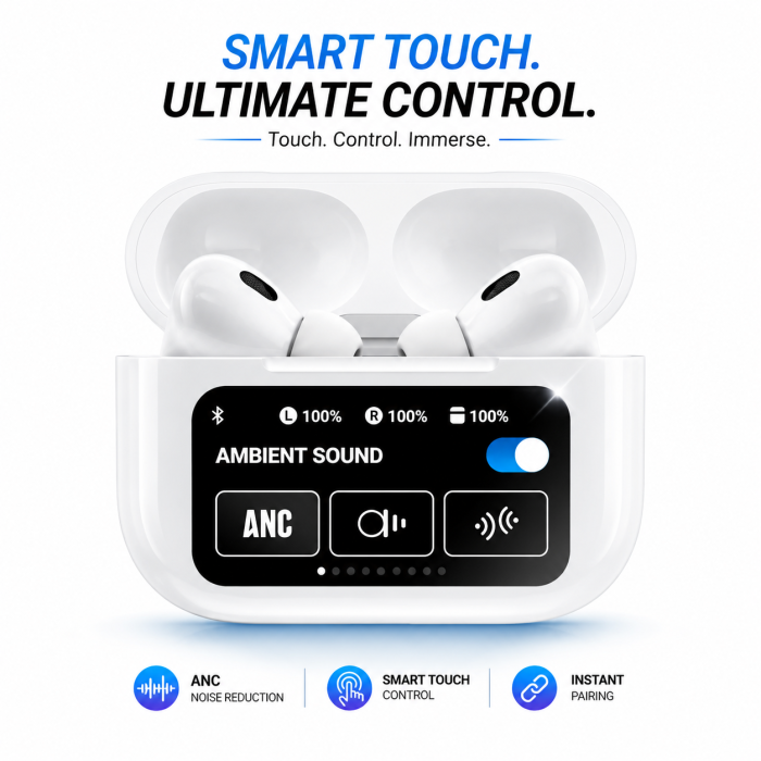 🎧 A9 Pro ANC TWS Earbuds – Smart Touch Screen Case | ANC Noise Cancellation | 13mm Driver | GPS & 35H Battery