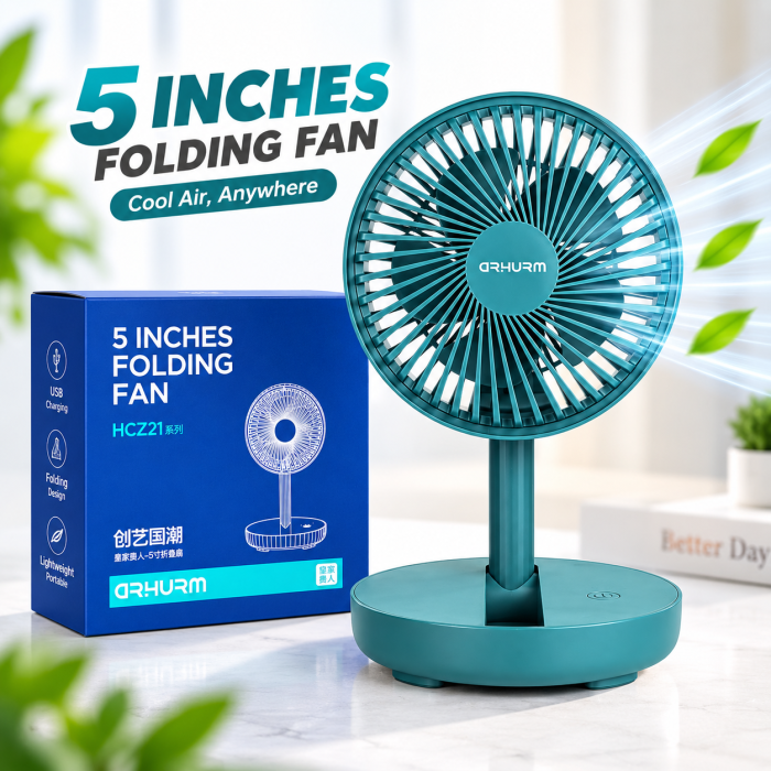 HCZ21 5-Inch Rechargeable Folding Fan – Portable Telescopic Desk Fan, 2000mAh Battery, 1.5–4H Backup & Micro USB Charging (Green) | রিচার্জেবল ফোল্ডিং ফ্যান