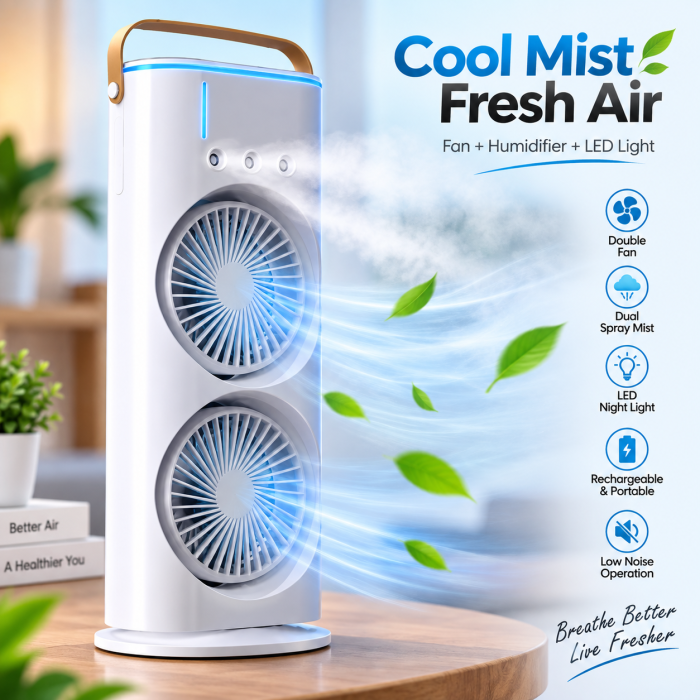 FADIUMS Rechargeable Portable Double-Ended Spray Fan – 600ml Water Tank, 3-Speed Fan, Mist Humidifier, LED Light & Type-C