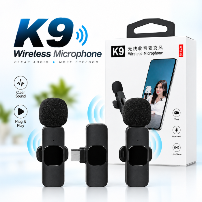 K9 Wireless Microphone | K9 Lavalier Mic | Clip-On মাইক্রোফোন | 2.4GHz | 20M Range | Noise Reduction | 10H Battery | Mobile & Camera