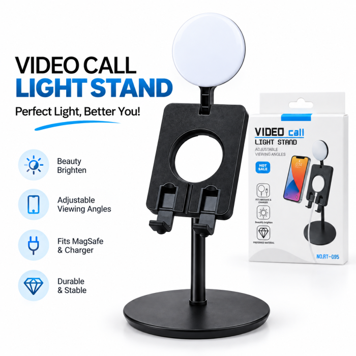 Video Call Light Stand – অ্যাডজাস্টেবল ডেস্কটপ রিং লাইট ও ফোন হোল্ডার, লাইভ স্ট্রিমিং, অনলাইন মিটিং, TikTok ও ভিডিও রেকর্ডিংয়ের জন্য