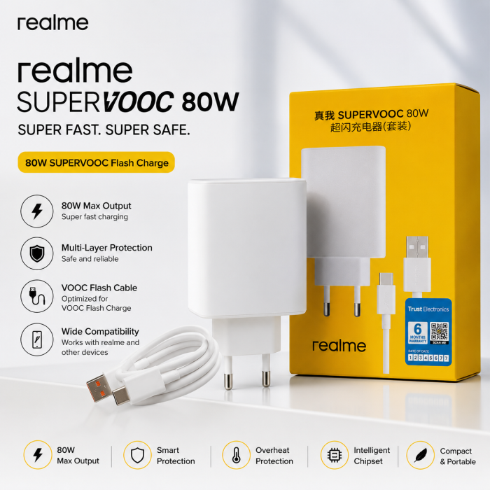 Realme 80W Super Fast Charging Adapter with Cable – Original SuperVOOC ফাস্ট চার্জার, 10W Standard Charging ও Smart Safety Protectionসহ