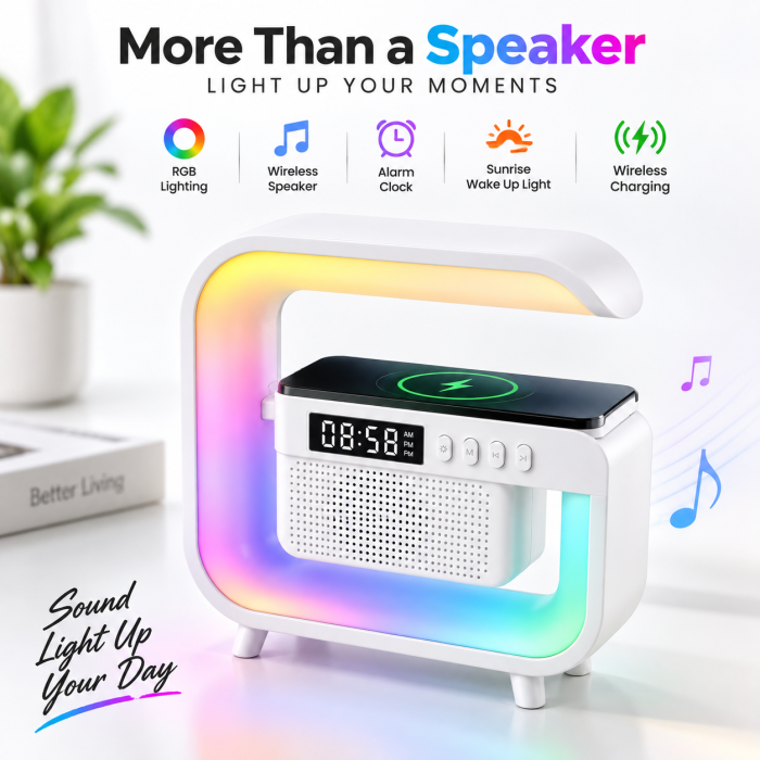 G3 Mini Smart Light Bluetooth Speaker – Multifunctional RGB Night Light, Wireless Charger, Digital Alarm Clock ও Sunrise Simulationসহ