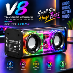 V8 Transparent Mechanical TWS Wireless Bluetooth Speaker – Futuristic See-Through Design, Subwoofer Stereo Sound, RGB LED Light ও 1800mAh Batteryসহ
