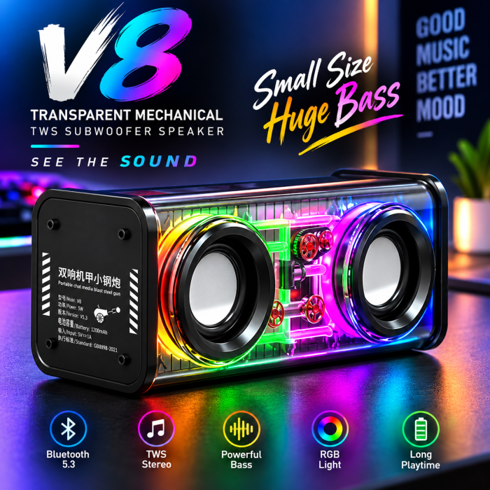 V8 Transparent Mechanical TWS Wireless Bluetooth Speaker – Futuristic See-Through Design, Subwoofer Stereo Sound, RGB LED Light ও 1800mAh Batteryসহ