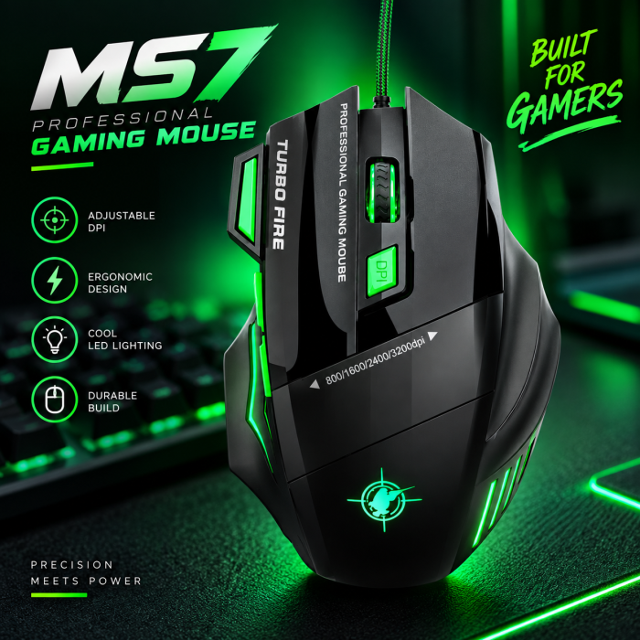 MS7 Professional Wired Gaming Mouse – 3200 DPI পর্যন্ত Adjustable DPI, Turbo Fire Key, 7 Programmable Buttons ও RGB Breathing Lightingসহ
