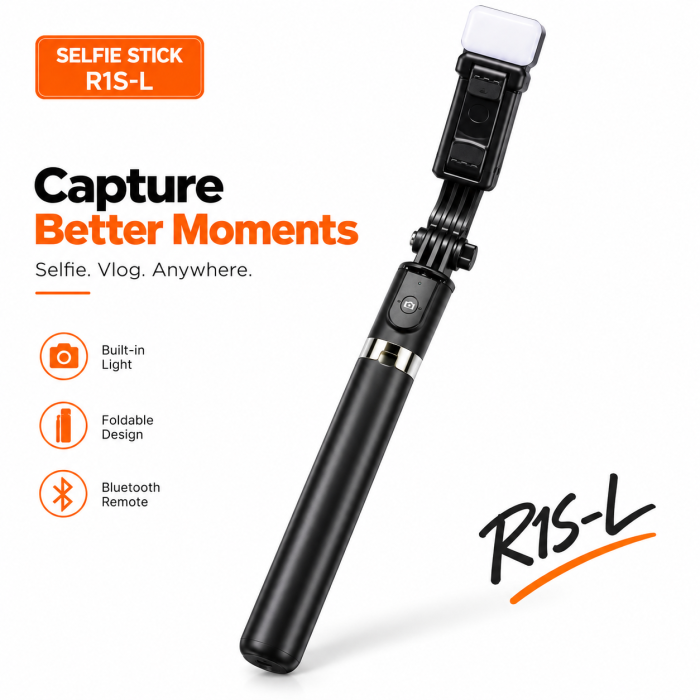 R1S-L 3-In-1 Bluetooth Selfie Stick & Tripod Stand with Rechargeable Fill Light ও 10M Wireless Remote – Smartphone Vlogging Monopod 📸🤳