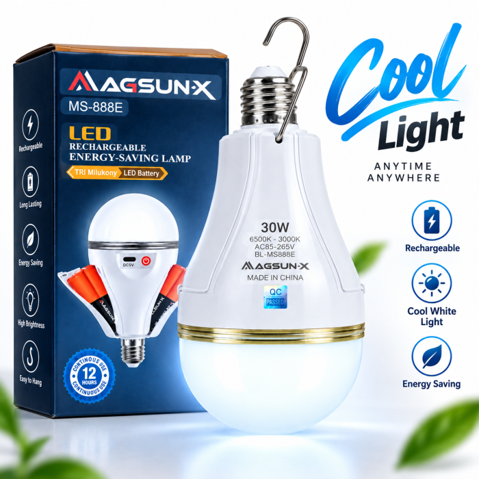 MAGSUN-X 30W রিচার্জেবল LED ইমার্জেন্সি বাল্ব – ৩৫০০ লুমেন উজ্জ্বল আলো, AC/DC সাপোর্ট ও হাই-ক্যাপাসিটি লিথিয়াম ব্যাটারি 🔋💡
