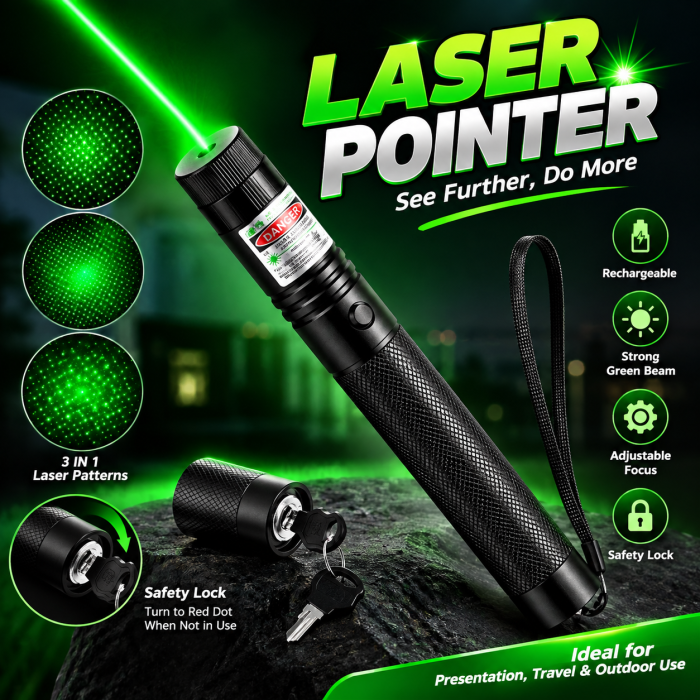 Rechargeable High-Power Green Laser Pointer – Long-Range Beam, Multi-Pattern Star Cap ও Premium Metal Body সহ স্টাইলিশ লেজার লাইট 🔦💚